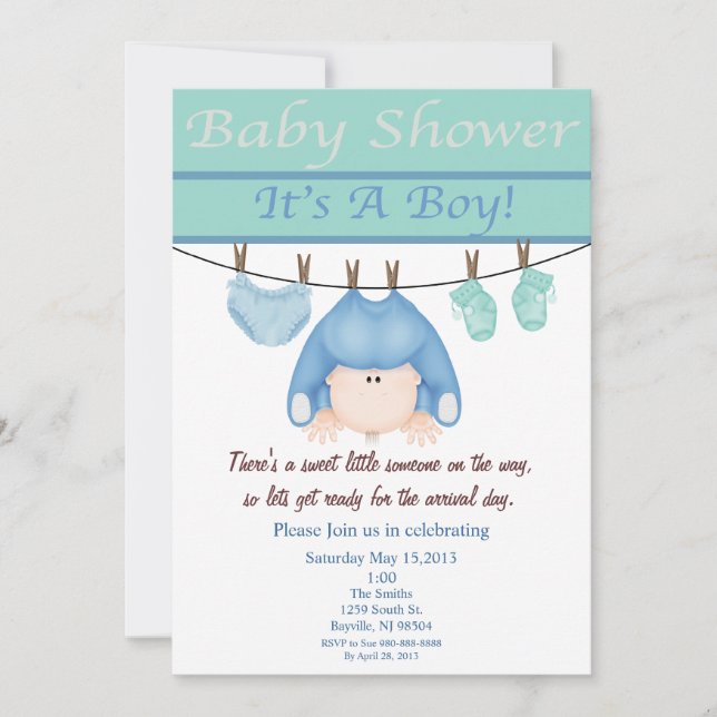 Invitación azul y verde de Baby Shower del (Anverso)