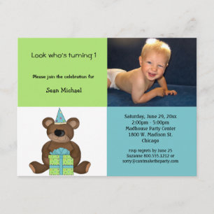Invitación azul y verde del oso de peluche del