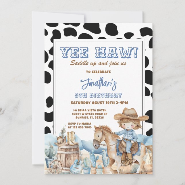 Invitación ¡Azul Yee haw! Cumpleaños Rodeo Vaquero Occidental (Anverso)