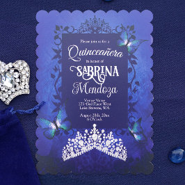 Invitación Azul zafiro, mariposa tiara diamante Quinceanera
