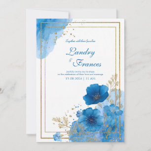 Invitación Azul Zafiro Profundo Floral Acuarela con Hojuela d