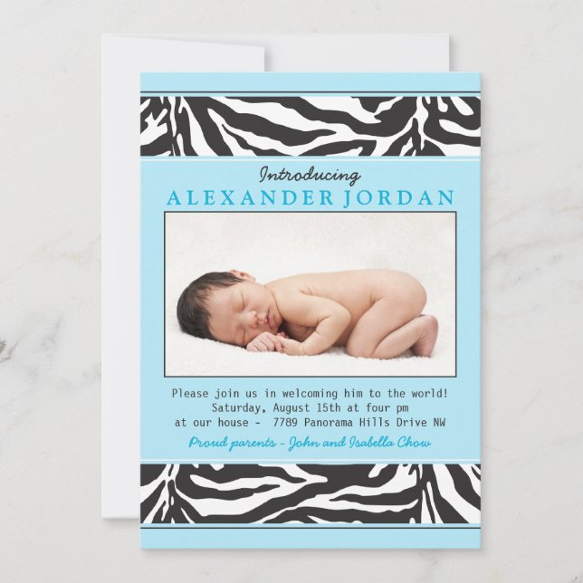 Invitación Azul Zebra Negro Imprimir foto Sip N Ver Baby Show (Anverso)