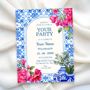 Invitación Azulejo artístico blanco azul