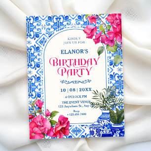 Invitación Azulejo artístico cumpleaños blanco azul