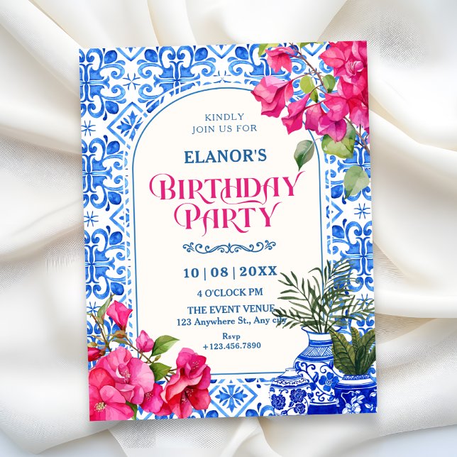 Invitación Azulejo artístico cumpleaños blanco azul (Subido por el creador)