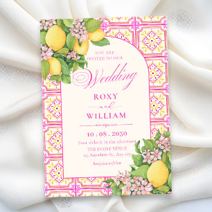 Invitación Azulejo artístico floral boda rosa