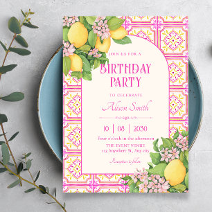 Invitación Azulejo artístico floral cumpleaños rosa