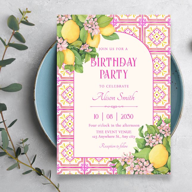 Invitación Azulejo artístico floral cumpleaños rosa (Subido por el creador)