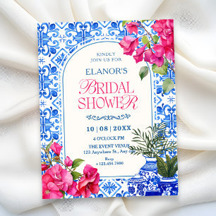 Invitación Azulejo azul blanco regadera artística de la novia