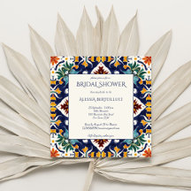 Azulejo azul colorido ducha de novia mediterránea