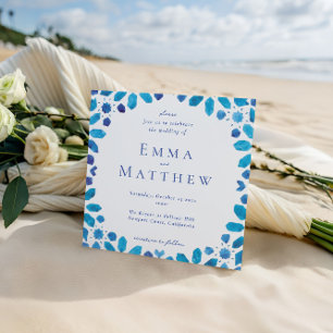 Invitación Azulejo Azul Geométrico Marroquí Cuadrado Boda