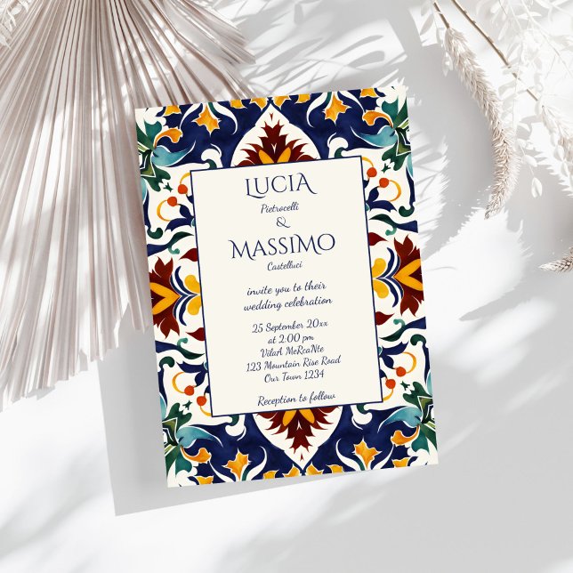 Invitación Azulejo azul Mediterráneo portugués ornamentado (Azulejo blue Portuguese Mediterranean ornate tiles wedding Invitation template digital download)