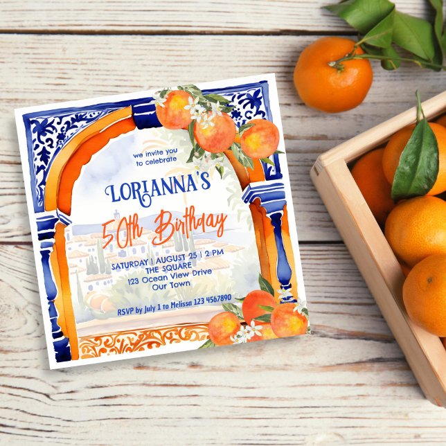 Invitación azulejo azul naranja cumpleaños de temática españo (Orange blue azulejo talavera tiles Spanish citrus oranges themed birthday Invitation template)