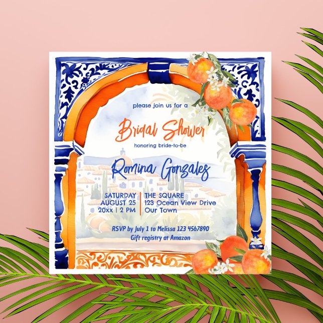 Invitación azulejo azul naranja talavera azulejos ducha de no (Orange blue azulejo talavera Spanish Mexican tiles citrus  bridal shower invitation template)