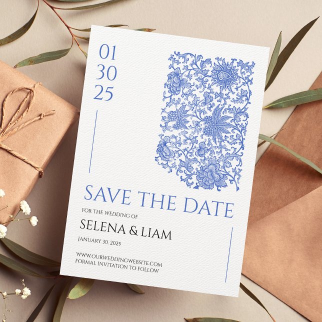 Invitación Azulejo Azul Porcelana Floral Salvar La Fecha (Subido por el creador)
