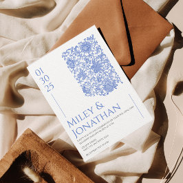 Invitación Azulejo Boda Floral Antiguo de Porcelana Azul