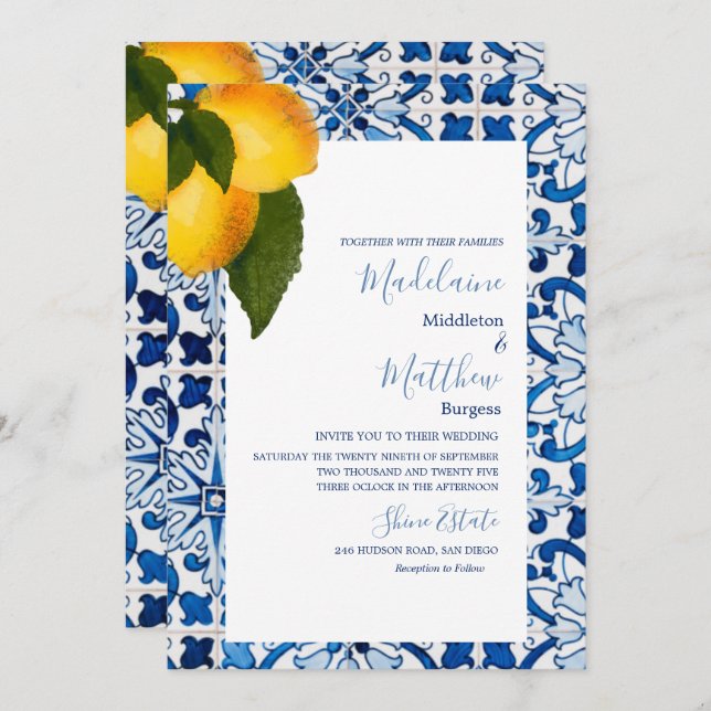Invitación Azulejo de Limón Azul Chic Boda Elegante (Anverso / Reverso)