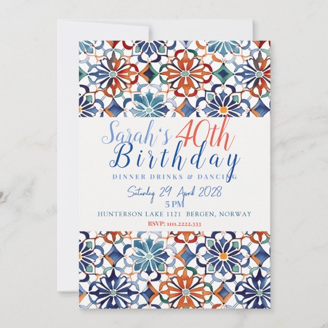 Invitación Azulejo de Patrón Floral Geométrico Simple (Anverso)