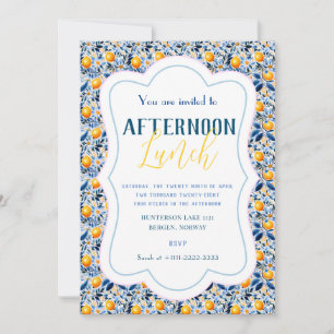 Invitación Azulejo Floral Y Limón Azul Clásico Detallado