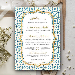 Invitación Azulejo Islámico Marroquí Azul y Dorado para Bodas
