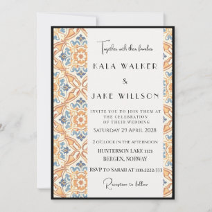 Invitación Azulejo Italiano Geométrico Naranja Boho + Borde