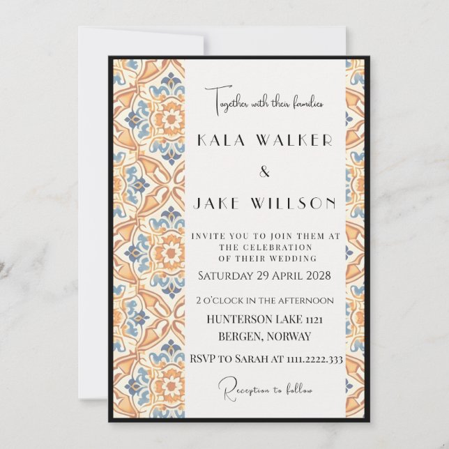 Invitación Azulejo Italiano Geométrico Naranja Boho + Borde (Anverso)