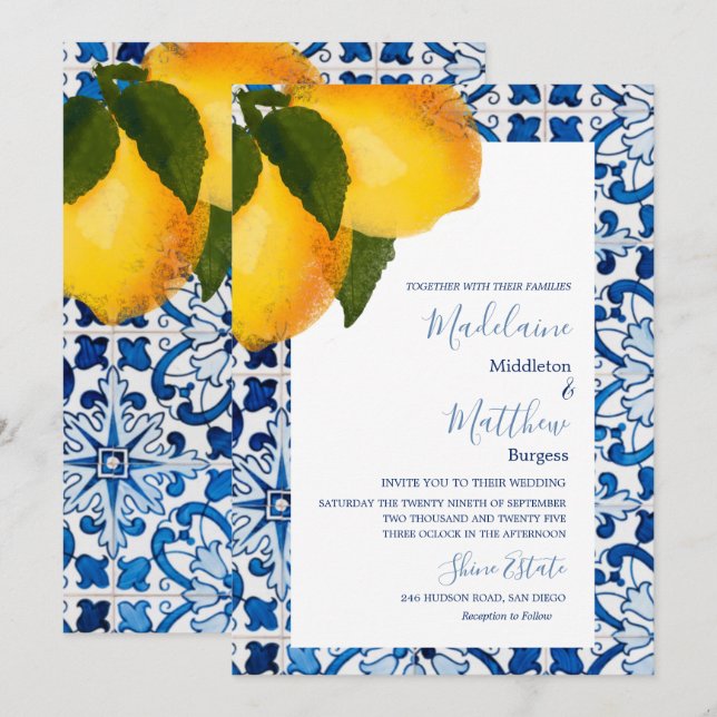 Invitación Azulejo Mediterráneo Azul Limón Chic Boda Estilosa (Anverso / Reverso)