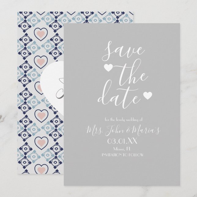 Invitación Azulejo Mediterráneo Moderno con Corazón Save the  (Anverso / Reverso)