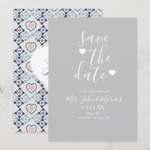 Invitación Azulejo Mediterráneo Moderno con Corazón Save the 