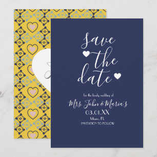 Invitación Azulejo Mediterráneo Moderno con Corazón Save the