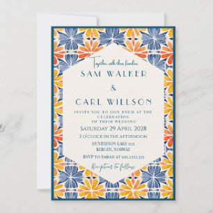 Invitación Azulejo Naranja Azul Amarillo Flor + Borde