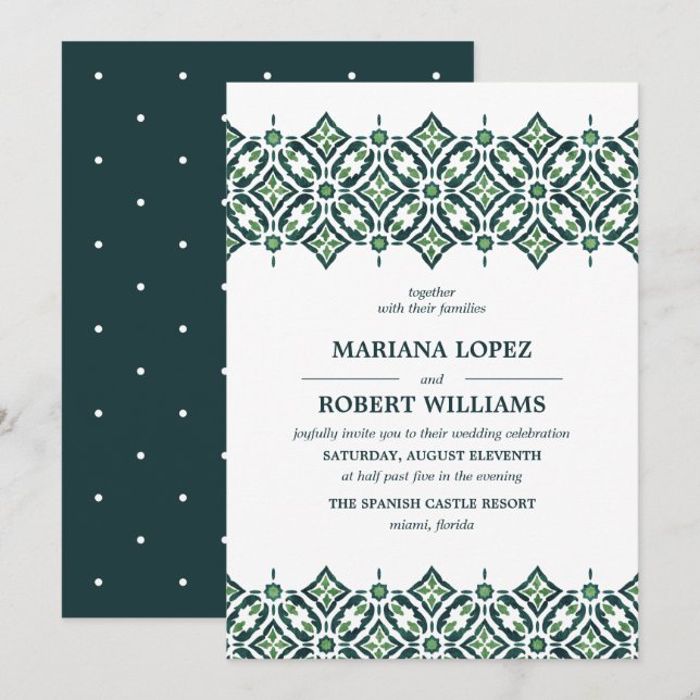 Invitación Azulejo verde | Boda de encaje de borde de mosaico (Anverso / Reverso)