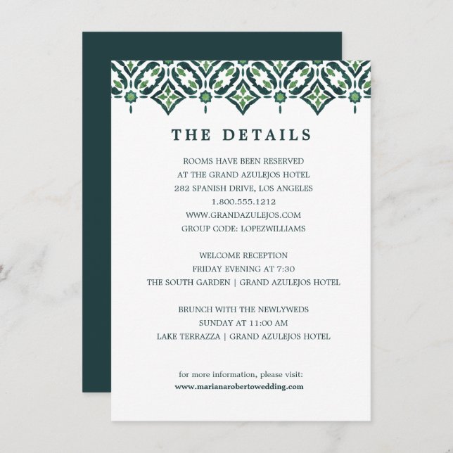 Invitación Azulejo verde | DETALLES DEL boda Tile Español (Anverso / Reverso)