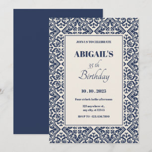 Invitación Azulejo vintage azul oscuro