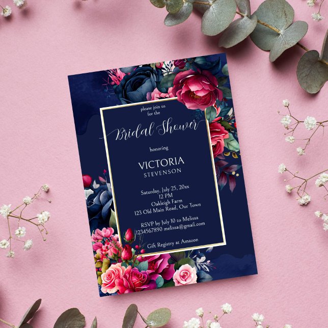 Invitación Azulejos azul marino burdeos rosas rosas negras du (Navy blue burgundy pink peony vintage roses gold frame bridal shower invitation template )