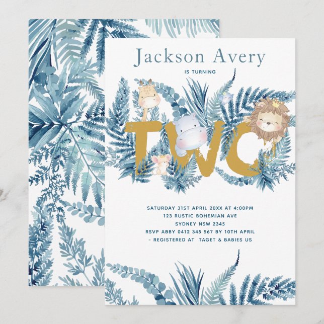 Invitación Azulejos Azules Animales Segundo Cumpleaños (Anverso / Reverso)