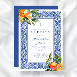 Invitación Azulejos Azules Cítricos Elegantes Bautizo Religio