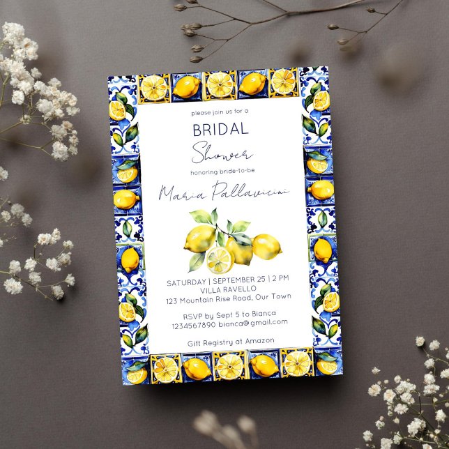 Invitación Azulejos azules de Amalfi Positano limones ducha d (Amalfi Positano blue tiles lemons Mediterranean bridal shower template invitation digital download)