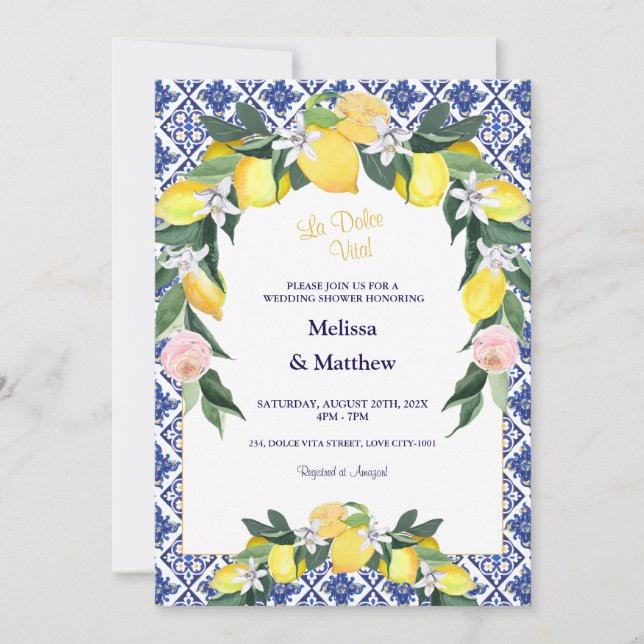 Invitación Azulejos azules de limón italiano ducha de matrimo (Anverso)