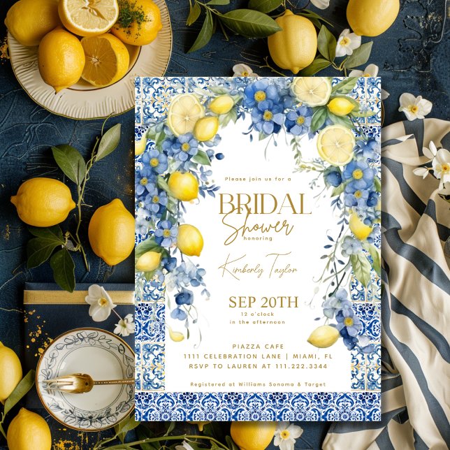 Invitación Azulejos azules de limón italiano ducha de novia (Italian Lemon Blue Tiles Italy Bridal Shower Invitation)