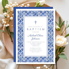 Invitación Azulejos Azules Elegantes Cruz Religiosa Bautizo N