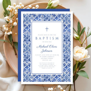 Invitación Azulejos Azules Elegantes Cruz Religiosa Bautizo N