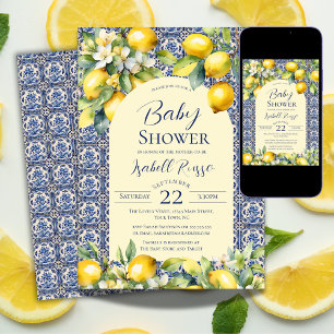 Invitación Azulejos Azules Italianos Acuarela Limón Baby Show