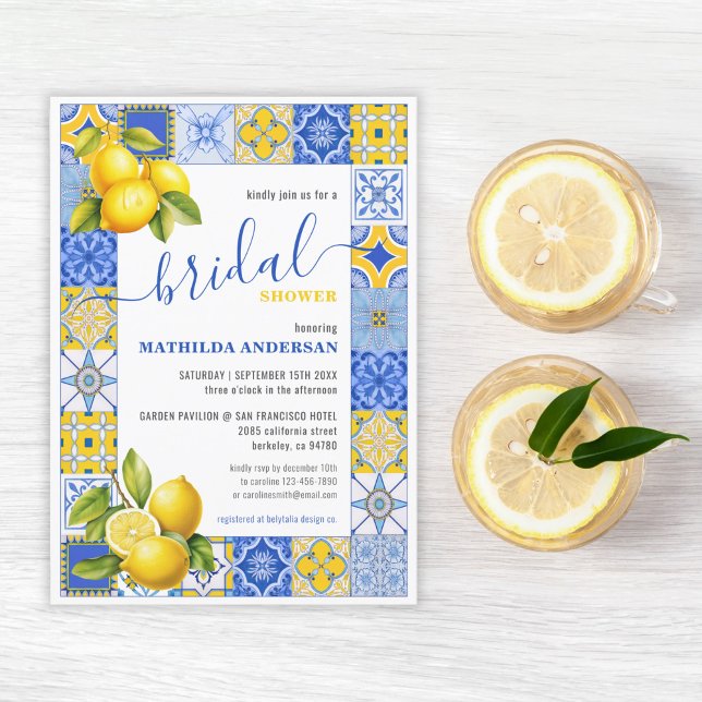 Invitación Azulejos azules italianos ducha de novia de verano (Italian Blue Tiles Lemon Summer Bridal Shower Invitation)
