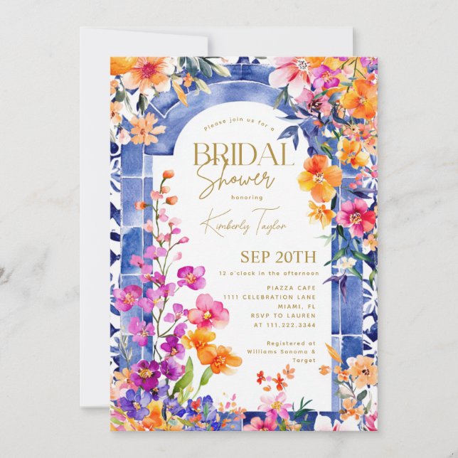 Invitación Azulejos azules italianos ducha de novia floral br (Anverso)
