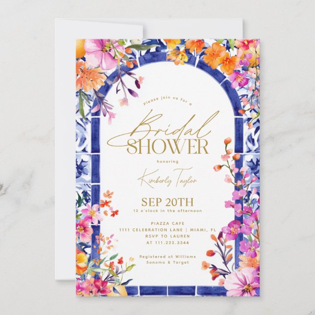 Invitación Azulejos azules italianos flores brillantes ducha  (Anverso)