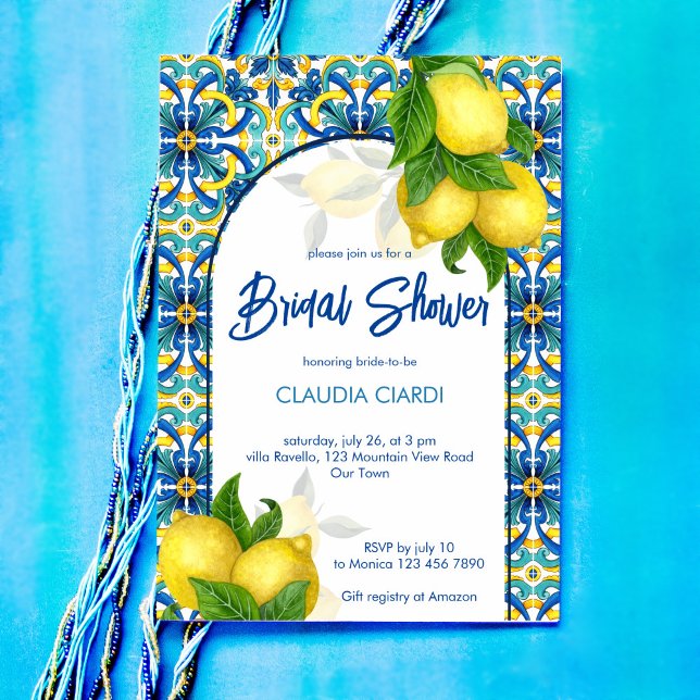 Invitación Azulejos azules limón Amalfi Positano ducha de nov (Blue tiles lemon Amalfi Positano bridal shower Invitation editable template digital download)