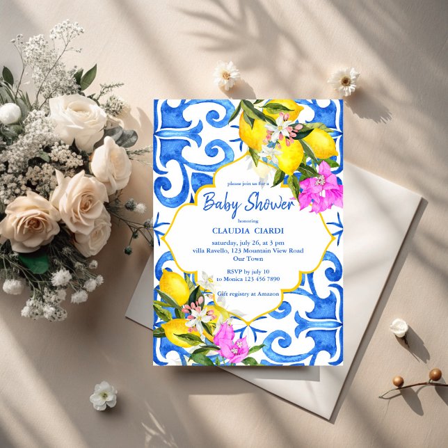 Invitación Azulejos azules limón bebé italiano (Blue tiles lemon bougainvillea  Italian baby shower Invitation cards template gender neutral )