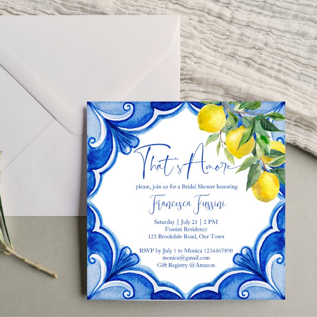 Invitación Azulejos azules limones ducha de novia italiana (Blue tiles lemons Italian bridal shower Invitation template instant download Maiolica citrus invites)