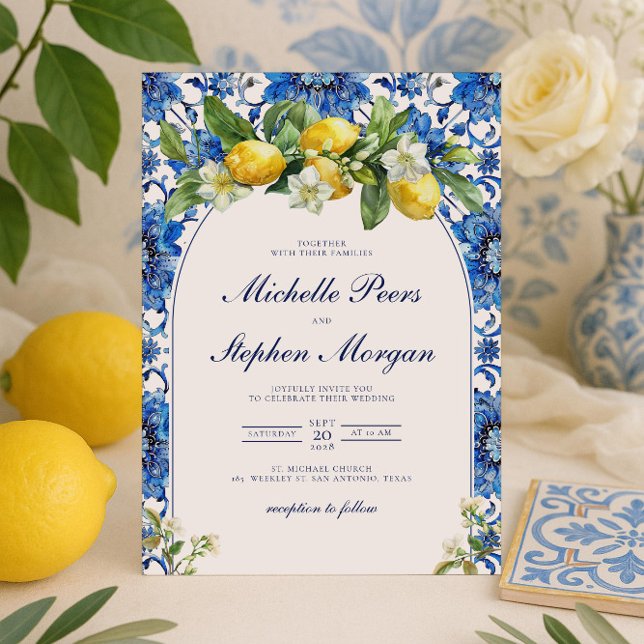 Invitación Azulejos Azules Mediterráneos Limón Cítrico (Subido por el creador)